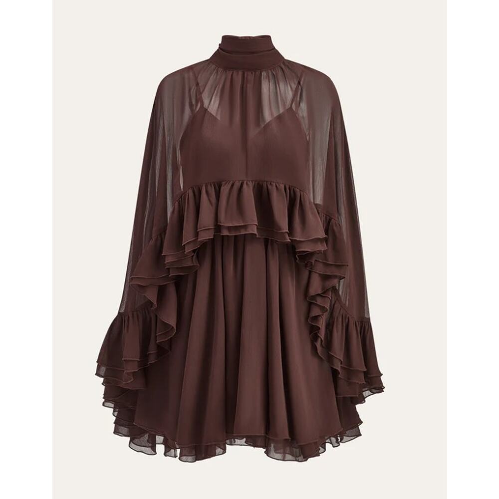 Commense Brown Semi-Sheer Chiffon Ruffle Mini Dress with Cape Overlay – Size M